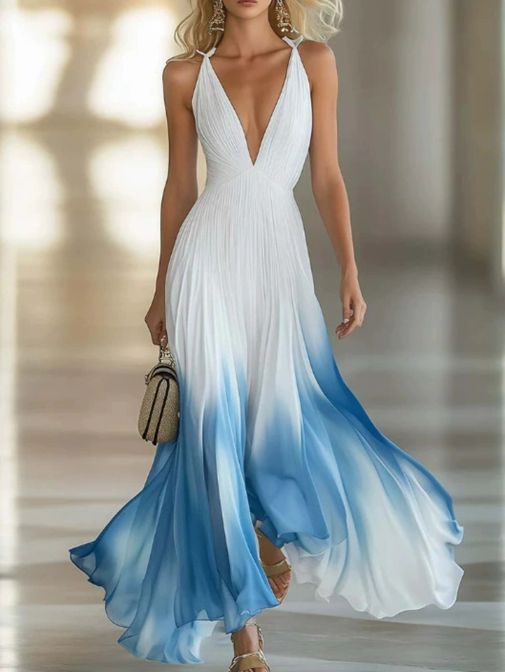 Elegant Flowing Pleated V Neck Blue Chiffon White Maxi Dress